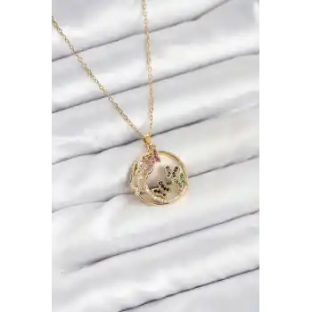 316L Çelik Zincir Gold Renk Zirkon Taşlı Kelebekli Kadın Kolye