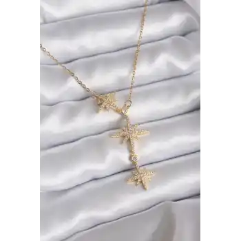 316L Çelik Zincir Gold Renk Zirkon Taşlı Kutup Yıldızı Model Kadın Kolye