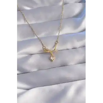 316L Çelik Zincir Gold Renk Zirkon Taşlı Yarım Fiyonk Kalp Kolye