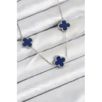 316L Çelik Zincir Gümüş Lacivert Renk Yonca Kadın Kolye