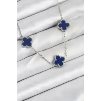 316L Çelik Zincir Gümüş Lacivert Renk Yonca Kadın Kolye