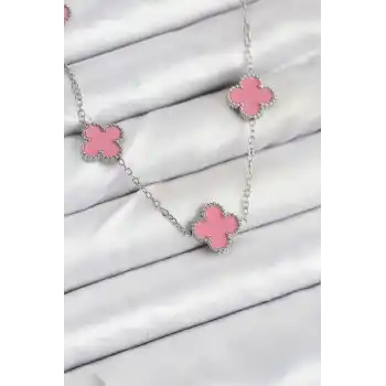 316L Çelik Zincir Gümüş Pembe Renk Yonca Kadın Kolye