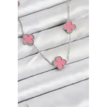 316L Çelik Zincir Gümüş Pembe Renk Yonca Kadın Kolye