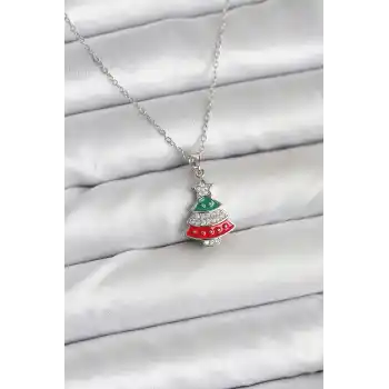 316L Çelik Zincir Gümüş Ren Çam Ağacı Model Zirkon Taşlı Yılbaşı Temalı Kadın Kolye