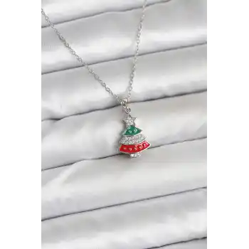 316L Çelik Zincir Gümüş Ren Çam Ağacı Model Zirkon Taşlı Yılbaşı Temalı Kadın Kolye