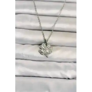 316L Çelik Zincir Gümüş Renk 4 Yapraklı Yonca Model Kadın Kolye