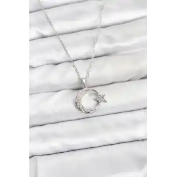 316L Çelik Zincir Gümüş Renk Ay Yıldız Model Zirkon Taşlı Kadın Kolye