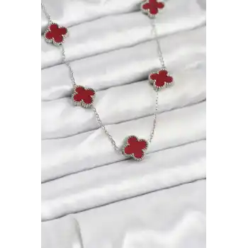 316L Çelik Zincir Gümüş Renk Bordo Renk Yonca Kadın Kolye