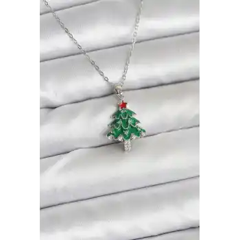 316L Çelik Zincir Gümüş Renk Çam Ağacı Model Yılbaşı Temalı Kadın Kolye