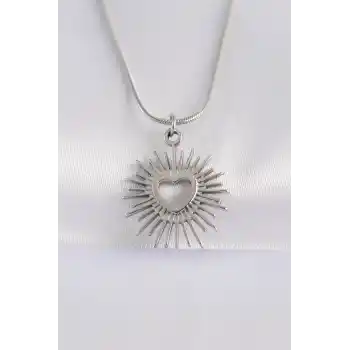 316L Çelik Zincir Gümüş Renk Kalp Güneşi Tasarımlı Kolye