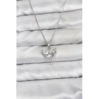 316L Çelik Zincir Gümüş Renk Kalp ve Fiyonk Model Zirkon Taşlı Kadın Kolye