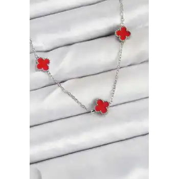 316L Çelik Zincir Gümüş Renk Kırmızı Baby Boy Yonca Kadın Kolye