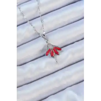 316L Çelik Zincir Gümüş Renk Kırmızı Etekli Zirkon Taşlı Balerin Kolye