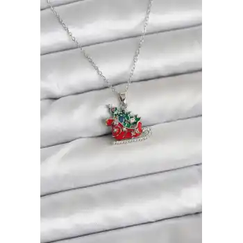 316L Çelik Zincir Gümüş Renk Kızak ve Çam Ağacı Figürlü Yılbaşı Temalı Kadın Kolye