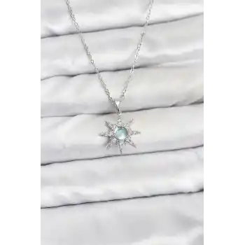 316L Çelik Zincir Gümüş Renk Kutup Yıldızı Model Zirkon Taşlı Kadın Kolye