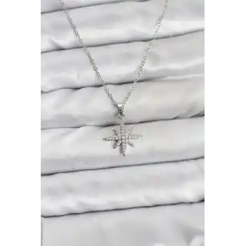 316L Çelik Zincir Gümüş Renk Kutup Yıldızı Model Zirkon Taşlı Kadın Kolye