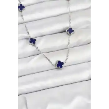 316L Çelik Zincir Gümüş Renk Lacivert Baby Boy Yonca Kadın Kolye