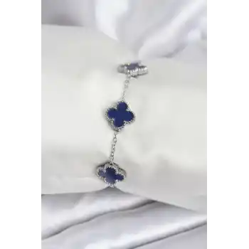 316L Çelik Zincir Gümüş Renk Lacivert Yonca Kadın Bileklik