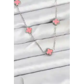 316L Çelik Zincir Gümüş Renk Pembe Baby Boy Yonca Kadın Kolye
