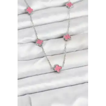 316L Çelik Zincir Gümüş Renk Pembe Baby Boy Yonca Kadın Kolye