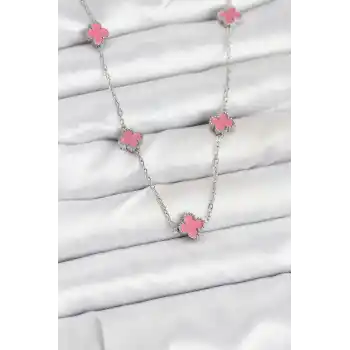 316L Çelik Zincir Gümüş Renk Pembe Baby Boy Yonca Kadın Kolye