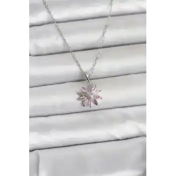 316L Çelik Zincir Gümüş Renk Pembe Papatya Model Kadın Kolye