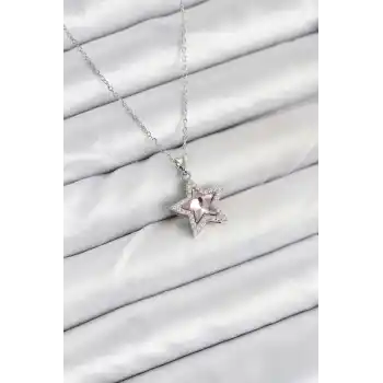 316L Çelik Zincir Gümüş Renk Pembe Taşlı Yıldız Model Kadın Kolye