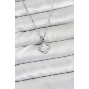 316L Çelik Zincir Gümüş Renk Sedefli Yonca Kadın Kolye