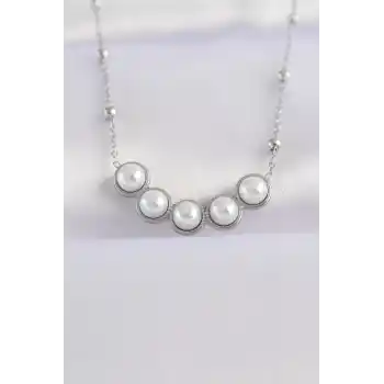 316L Çelik Zincir Gümüş Renk Sıralı İnci Taşlı Kolye