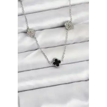 316L Çelik Zincir Gümüş Renk Siyah ve Zirkon Taşlı Baby Boy Yonca Kadın Kolye