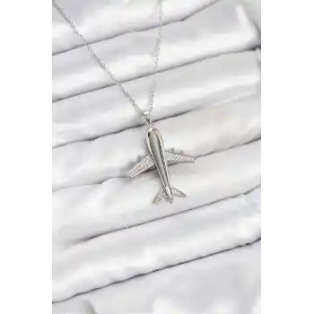 316L Çelik Zincir Gümüş Renk Uçak Model Kadın Kolye
