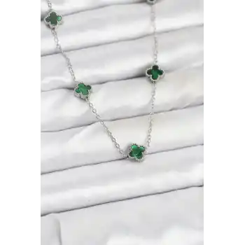 316L Çelik Zincir Gümüş Renk Yeşil Baby Boy Yonca Kadın Kolye