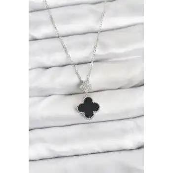 316L Çelik Zincir Gümüş Renk Yonca Model Zirkon Taşlı Kadın Kolye