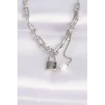 316L Çelik Zincir Gümüş Renk Zincirli Love Yazılı Kilit Kolye