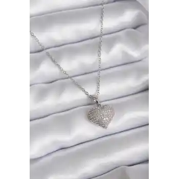 316L Çelik Zincir Gümüş Renk Zirkon Taş Detay Kalp Model Kadın Kolye