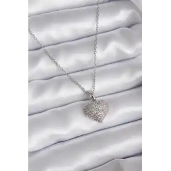 316L Çelik Zincir Gümüş Renk Zirkon Taş Detay Kalp Model Kadın Kolye
