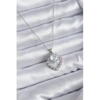 316L Çelik Zincir Gümüş Renk Zirkon Taşlı Kalp Model Kadın Kolye