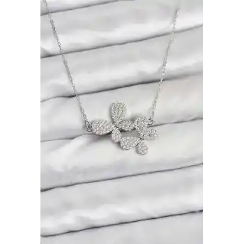 316L Çelik Zincir Gümüş Renk Zirkon Taşlı Kelebek Model Kadın Kolye