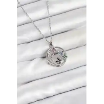 316L Çelik Zincir Gümüş Renk Zirkon Taşlı Kelebekli Kadın Kolye