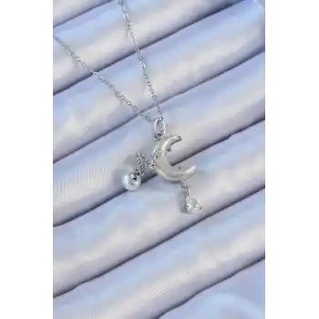 316L Çelik Zincir Gümüş Renk Zirkon Taşlı Kelebekli Mineli Ay Kolye