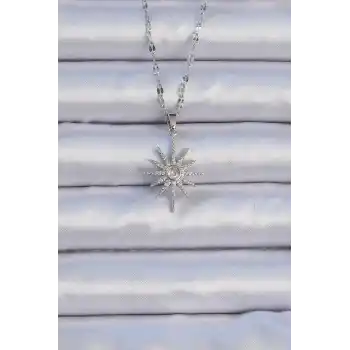 316L Çelik Zincir Gümüş Renk Zirkon Taşlı Kutup Yıldızı Kolye