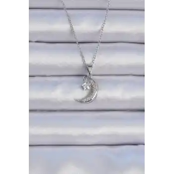 316L Çelik Zincir Gümüş Renk Zirkon Taşlı Sallantılı Ay Yıldız Kolye