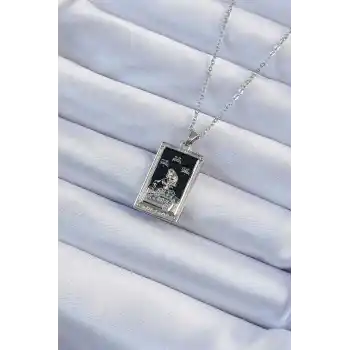 316L Çelik Zincir Gümüş Renk Zirkon Taşlı Siyah Mineli Kız Figürlü Tarot Kolye