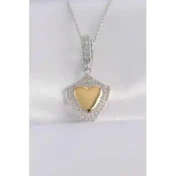 316L Çelik Zincir Gümüş Renk Zirkon Taşlı Tasarım Altın Renk Kalp Kolye
