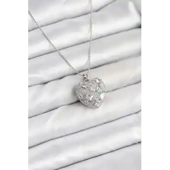 316L Çelik Zincir Gümüş Zirkon Taşlı Kalpli Kadın Kolye