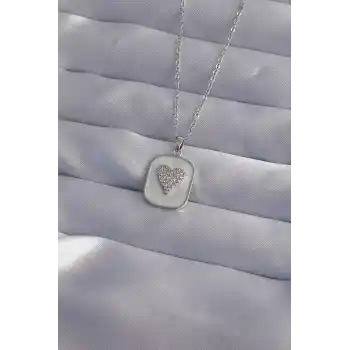 316L Çelik Zincir Mermer Desenli Gümüş Renk Zirkon Taşlı Kalp Model Kolye