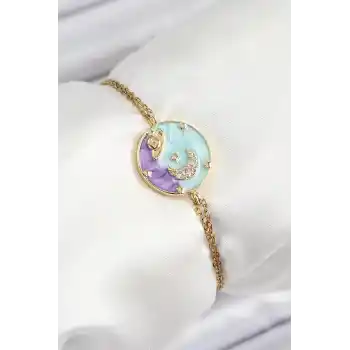 316L Çelik Zincir Mineli Sanatsal Portre Zirkon Taşlı Gezegen Model Gold Renk Kadın Bileklik