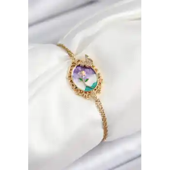 316L Çelik Zincir Mineli Sanatsal Portre Zirkon Taşlı Kelebek Detaylı Çiçek Model Gold Renk Kadın Bileklik