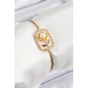 316L Çelik Zincir Pembe Mineli Sanatsal Portre İnci Detaylı Papatya Model Gold Renk Kadın Bileklik