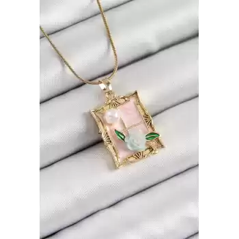 316L Çelik Zincir Pembe Sanatsal Portre İnci Detaylı Gül Figürlü Model Gold Renk Kadın Kolye